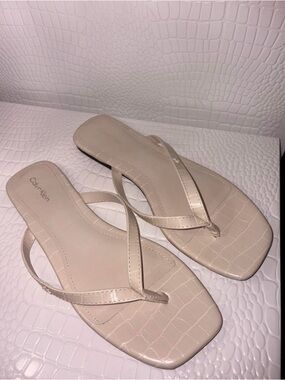 Calvin Klein Light Beige Square-Toe Thong Sandals